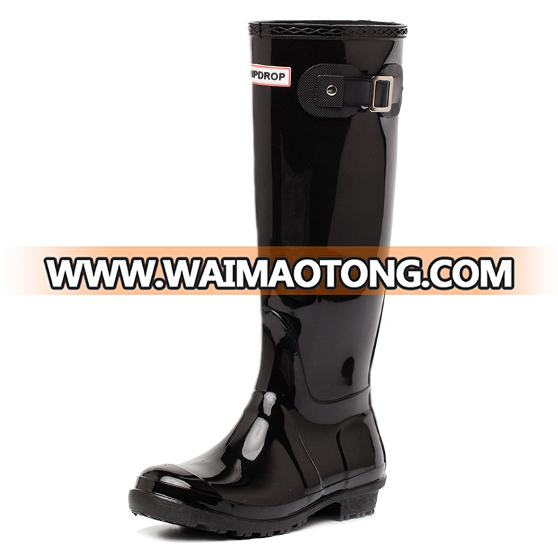 Hotsales New Style Wellington Women Tall Rain Boots Black Shiny PVC Rain Boots